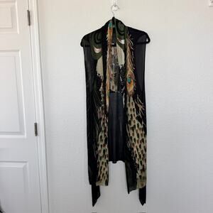 Adore Peacock Feather Print Open-Cardigan Sleeveless Midi Length Women's Small